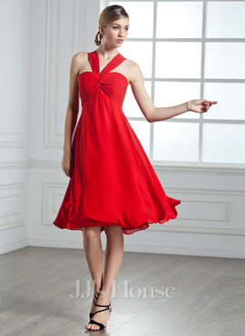 Empire V-neck Knee-Length Chiffon Cocktail Dress With Ruffle (016002435)