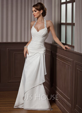 Sheath/Column Halter Floor-Length Chiffon Satin Wedding Dress With Ruffle Lace Beadwork Sequins (002012582)