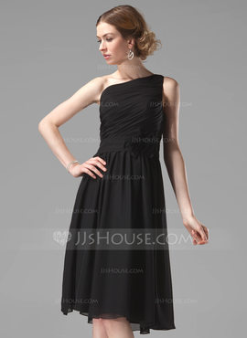 A-Line/Princess One-Shoulder Knee-Length Chiffon Bridesmaid Dress With Ruffle Flower(s) (007004118)
