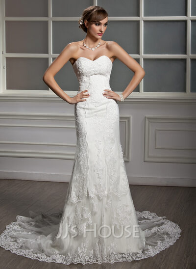 Mermaid Sweetheart Chapel Train Satin Tulle Wedding Dress With Lace (002012605)