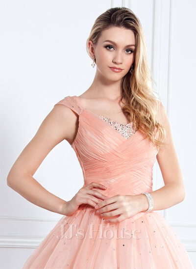 Ball-Gown V-neck Floor-Length Organza Satin Quinceanera Dress With Ruffle Beading Sequins (021002897)