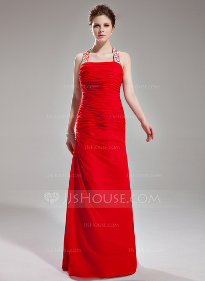 Sheath Halter Floor-Length Chiffon Evening Dress With Ruffle Beading Sequins (017002264)