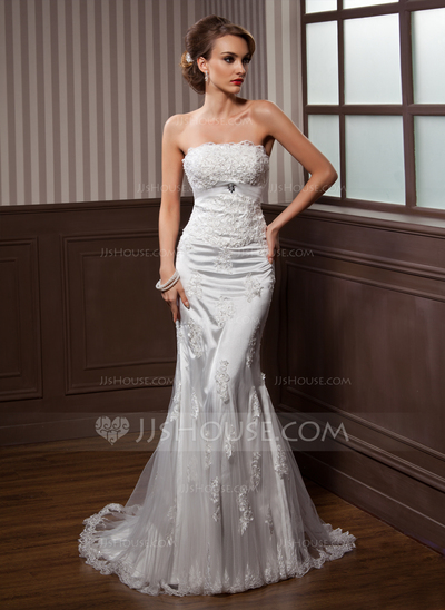 Mermaid Strapless Court Train Tulle Charmeuse Wedding Dress With Ruffle Lace Crystal Brooch (002012589)