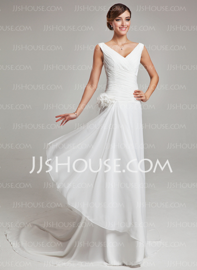A-Line/Princess V-neck Chapel Train Chiffon Satin Wedding Dress With Ruffle Feather Flower(s) (002011459)