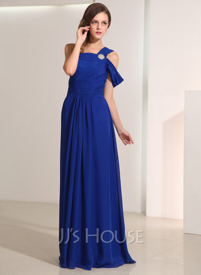 A-Line/Princess One-Shoulder Floor-Length Chiffon Holiday Dress With Crystal Brooch (020014193)