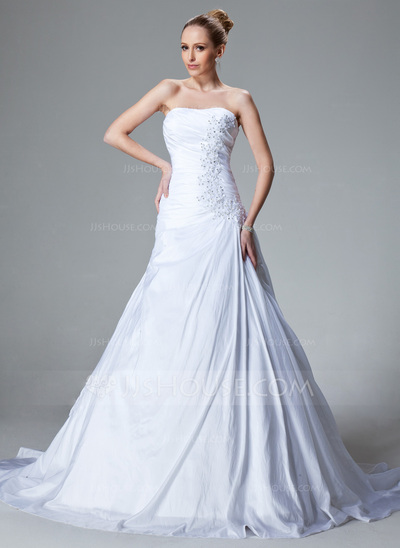 A-Line/Princess Sweetheart Court Train Taffeta Wedding Dress With Ruffle Lace Beadwork (002000827)