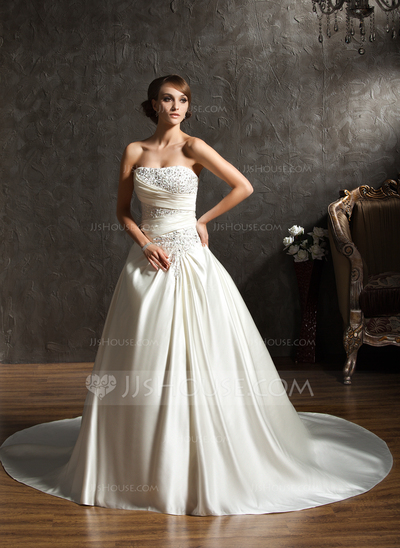 Ball-Gown Sweetheart Chapel Train Satin Wedding Dress With Ruffle Beadwork (002011522)