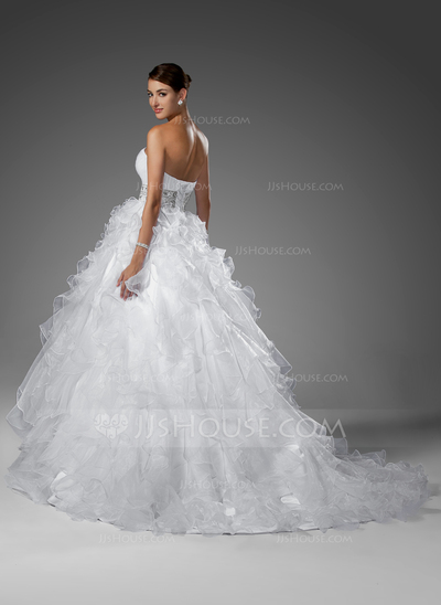 Ball-Gown Sweetheart Chapel Train Organza Satin Wedding Dress With Ruffle Beadwork (002004753)