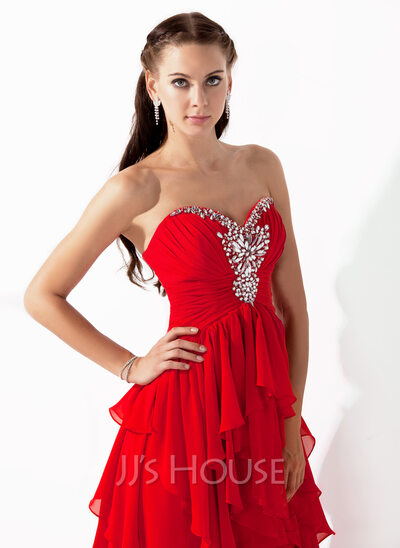 A-Line/Princess Sweetheart Asymmetrical Chiffon Prom Dress With Ruffle Beading (018004808)