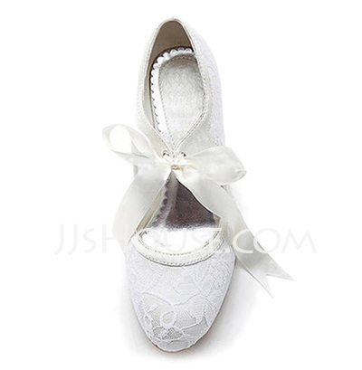 Satin Spool Heel Closed Toe Pumps Wedding Shoes With Ribbon Tie (047004932)