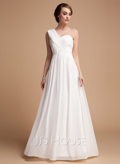A-Line/Princess One-Shoulder Floor-Length Chiffon Holiday Dress With Ruffle Beading (020014487)