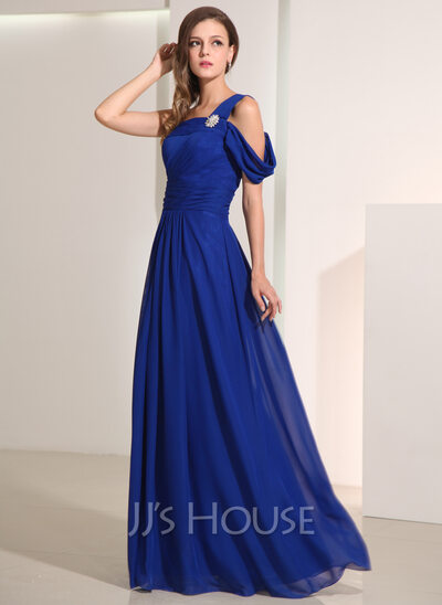 A-Line/Princess One-Shoulder Floor-Length Chiffon Holiday Dress With Crystal Brooch (020014193)