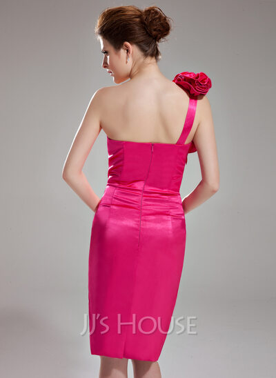 Sheath One-Shoulder Knee-Length Charmeuse Homecoming Dress With Ruffle Flower(s) (022003371)