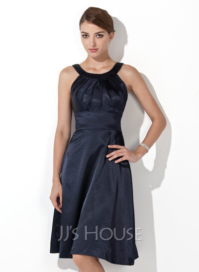 A-Line/Princess Scoop Neck Knee-Length Satin Bridesmaid Dress With Ruffle (007000943)