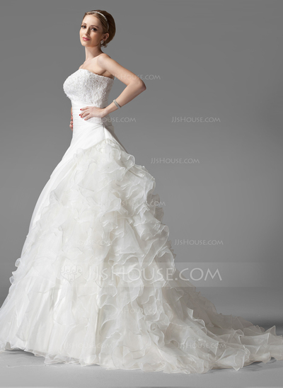 Ball-Gown Strapless Court Train Taffeta Organza Wedding Dress With Ruffle Lace (002004523)