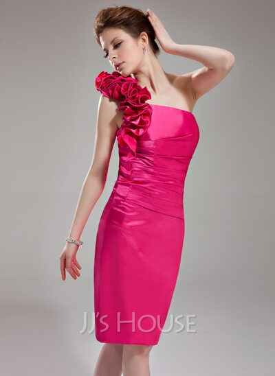 Sheath One-Shoulder Knee-Length Charmeuse Homecoming Dress With Ruffle Flower(s) (022003371)