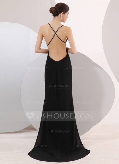Sheath V-neck Sweep Train Chiffon Evening Dress (017014068)