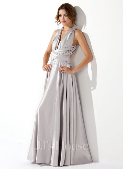A-Line/Princess V-neck Floor-Length Charmeuse Evening Dress With Ruffle (017020657)