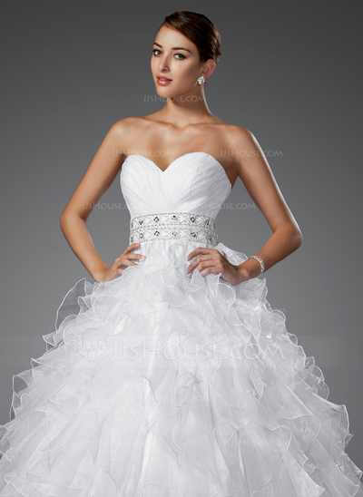 Ball-Gown Sweetheart Chapel Train Organza Satin Wedding Dress With Ruffle Beadwork (002004753)
