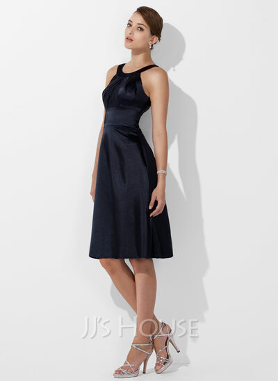A-Line/Princess Scoop Neck Knee-Length Satin Bridesmaid Dress With Ruffle (007000943)