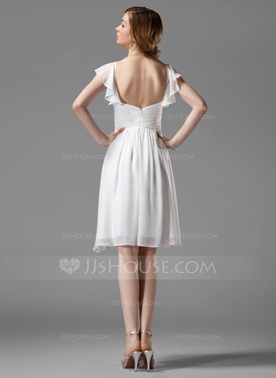 A-Line/Princess V-neck Knee-Length Chiffon Bridesmaid Dress With Ruffle Beading (007004117)