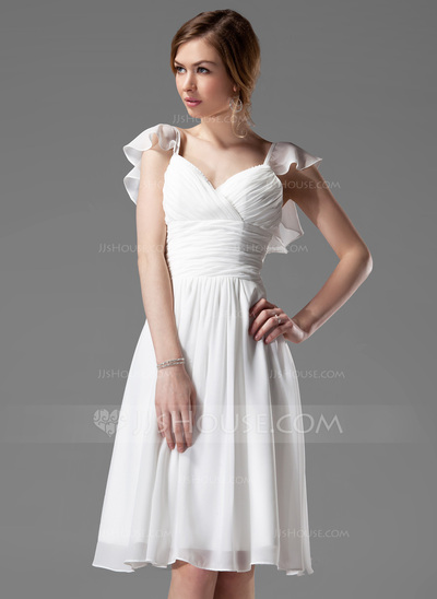 A-Line/Princess V-neck Knee-Length Chiffon Bridesmaid Dress With Ruffle Beading (007004117)