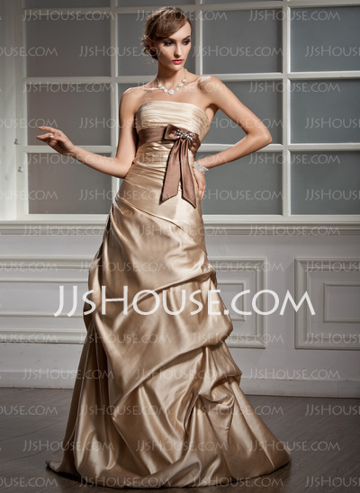 A-Line/Princess Strapless Court Train Satin Wedding Dress With Ruffle Sashes Beadwork (002000469)