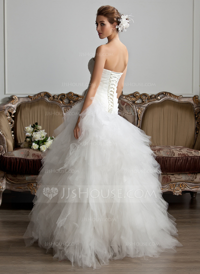 A-Line/Princess Strapless Floor-Length Satin Tulle Wedding Dress With Ruffle Lace Beadwork (002013799)