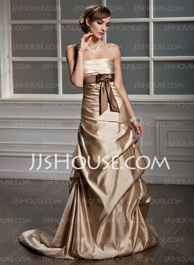 A-Line/Princess Strapless Court Train Satin Wedding Dress With Ruffle Sashes Beadwork (002000469)
