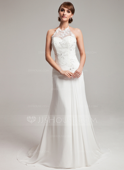 Sheath/Column Halter Watteau Train Chiffon Tulle Wedding Dress With Ruffle Lace Beadwork (002011453)