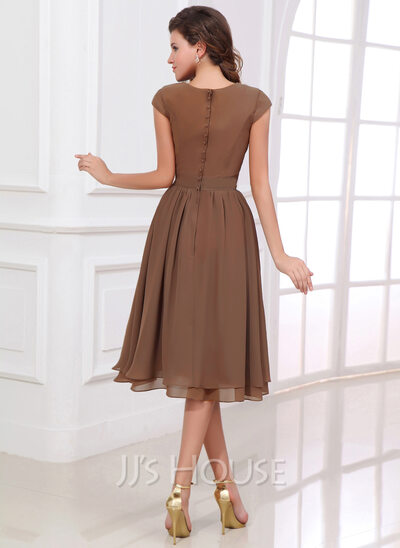 A-Line/Princess Scoop Neck Tea-Length Chiffon Bridesmaid Dress (007017303)