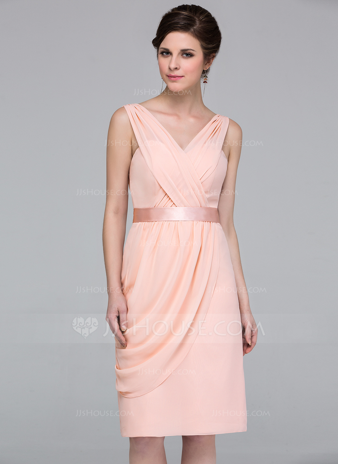 Sheath/Column Vneck KneeLength Chiffon Bridesmaid Dress With Ruffle
