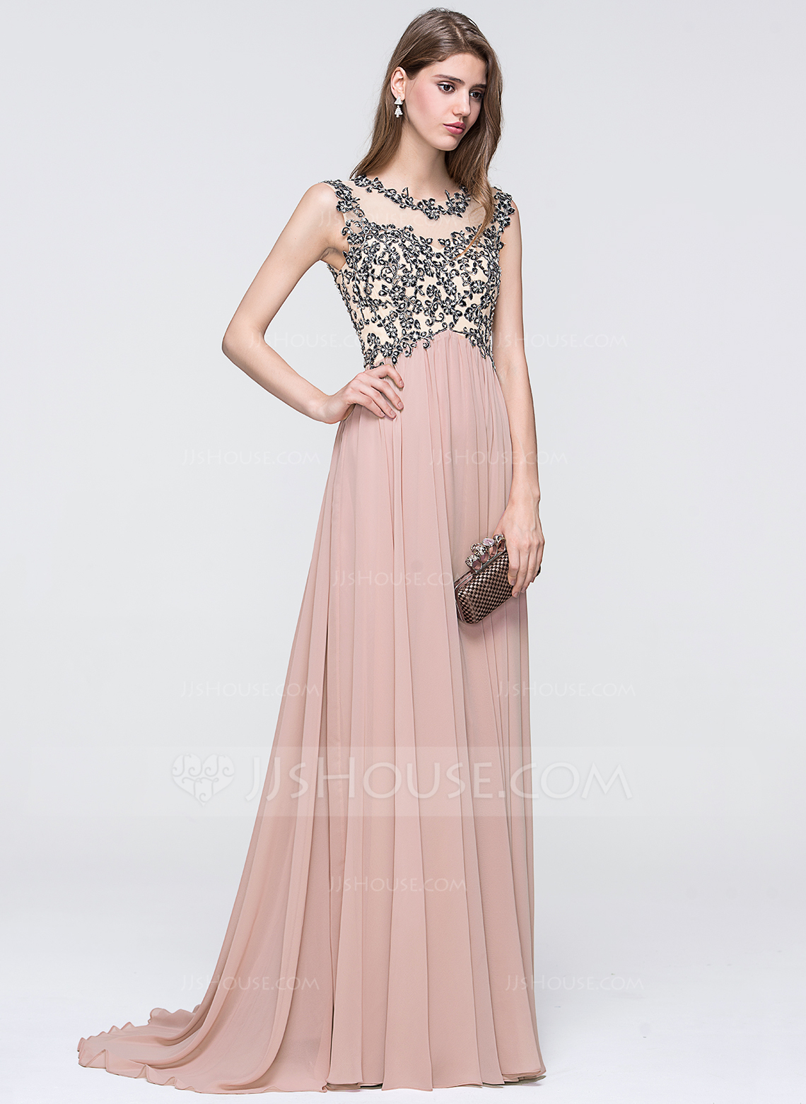 ALine/Princess Scoop Neck Sweep Train Chiffon Prom Dress With Beading Sequins (018093869