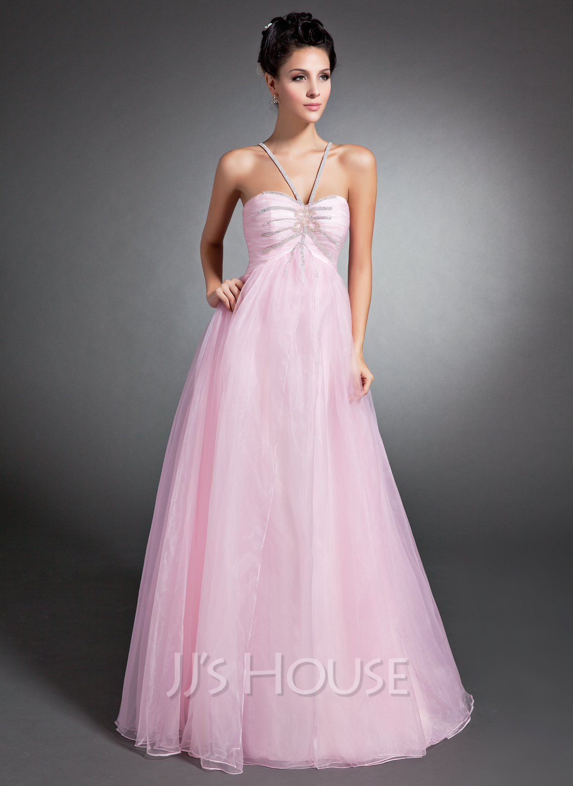 Empire Vneck FloorLength Organza Holiday Dress With Ruffle Beading (020015074) JJsHouse
