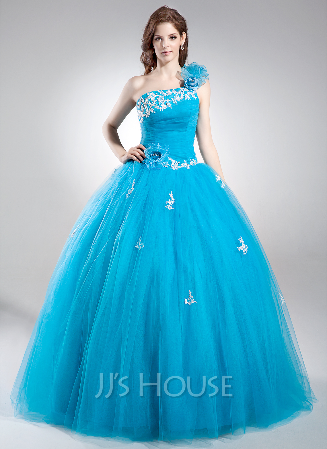 BallGown OneShoulder FloorLength Tulle Quinceanera Dress With Beading Appliques Lace Flower(s
