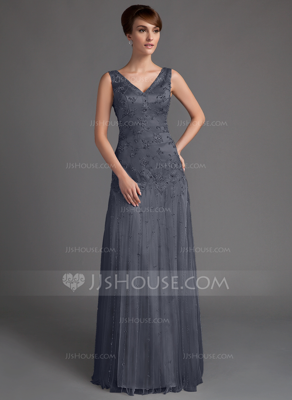 ALine/Princess Vneck FloorLength Tulle Mother of the Bride Dress