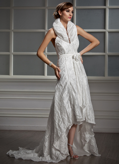 A-Line/Princess Halter Asymmetrical Taffeta Wedding Dress With Ruffle Flower(s) (002012923)