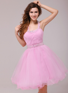 A-Line/Princess Halter Knee-Length Tulle Cocktail Dress With Ruffle Beading (016013979)