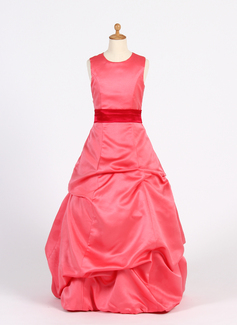 A-Line/Princess Scoop Neck Floor-Length Satin Junior Bridesmaid Dress With Ruffle Sash (009016223)