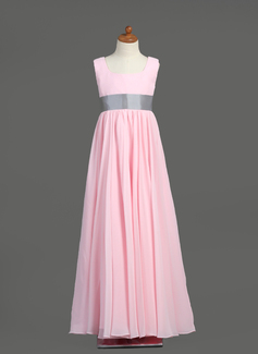 Empire Square Neckline Floor-Length Chiffon Taffeta Junior Bridesmaid Dress With Sash (009022454)