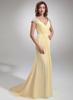 A-Line/Princess V-neck Sweep Train Chiffon Evening Dress With Ruffle Beading (017020987)