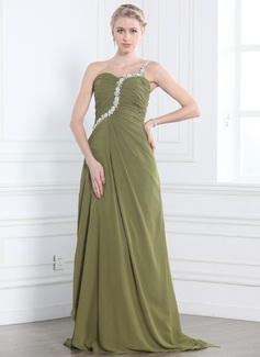 Amazing A-Line/Princess One-Shoulder Court Train Chiffon  Charmeuse Evening Dresses with Ruffle  Beading (017002582)