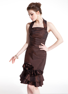 Sheath Halter Knee-Length Taffeta Cocktail Dress With Ruffle Flower(s) (016021235)