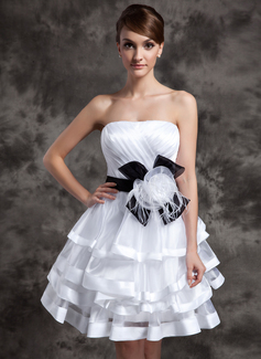 A-Line/Princess Strapless Knee-Length Organza Charmeuse Cocktail Dress With Ruffle Sash Feather Flower(s) (016014994)