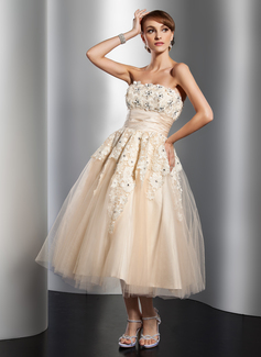 A-Line/Princess Strapless Tea-Length Satin Tulle Wedding Dress With Ruffle Lace Beadwork Flower(s) (002014765)