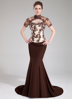 Mermaid High Neck Court Train Satin Tulle Charmeuse Evening Dress With Lace Beading Sequins (017019454)