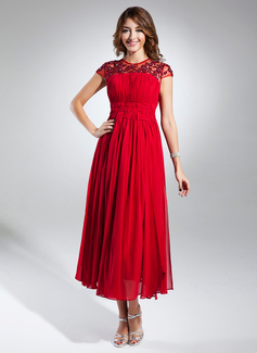 A-Line/Princess Scoop Neck Ankle-Length Chiffon Tulle Homecoming Dress With Ruffle Lace Beading (022015324)