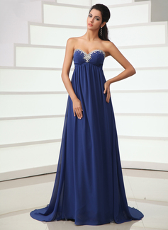 Empire Sweetheart Court Train Chiffon Evening Dress With Ruffle Beading (017022716)