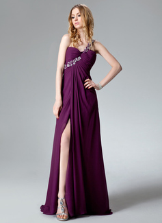 Empire One-Shoulder Sweep Train Chiffon Evening Dress With Ruffle Lace Beading Sequins (017004368)