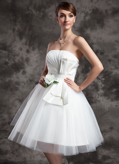 A-Line/Princess Strapless Tea-Length Satin Tulle Wedding Dress With Ruffle (002024070)